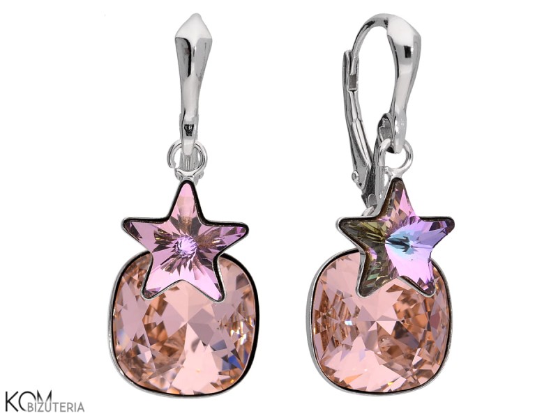 kolczyki wiszace rozowa zielona gwiazda rozowy kwadrat swarovski vitrail light star vintage pink square earrings