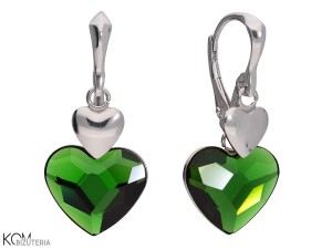 Earrings with hanging green heart Swarovski® crystals and silver heart charms