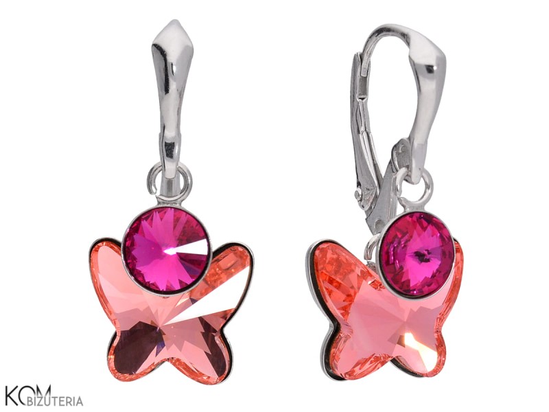 kolczyki wiszace rozowy brzoskwiniowy motyl rozowy rivoli swarovski pink peach butterfly pink rivoli earrings