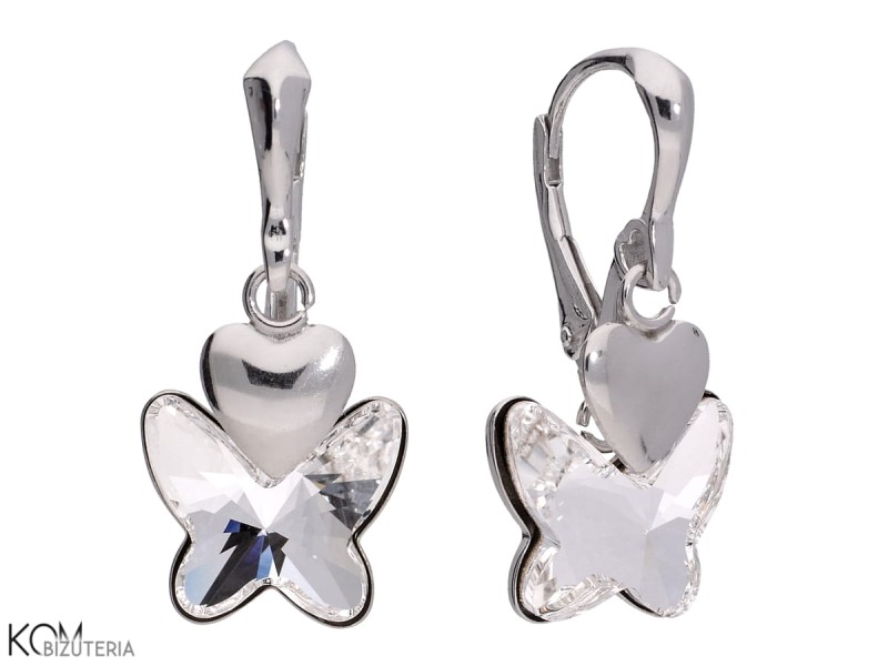 kolczyki wiszace biale motyle serce swarovski crystal white butterflies heart earrings