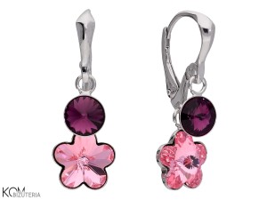 Kolczyki angielskie, różowe kwiaty i fioletowe oczka, srebro 925, kryształy Swarovski®