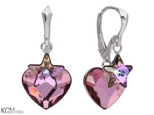 Earrings with hanging pink heart and pink-green star Swarovski® crystals