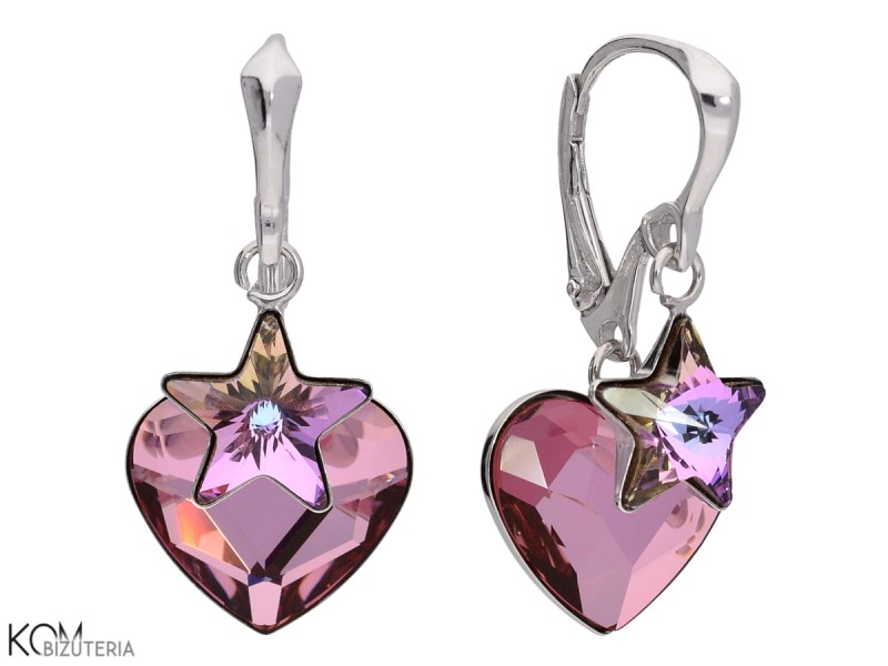kolczyki wiszace rozowe serce rozowa zielona gwiazda swarovski vitrail light star antique pink heart earrings