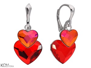 Earrings with hanging red and orange-pink heart Swarovski® crystals