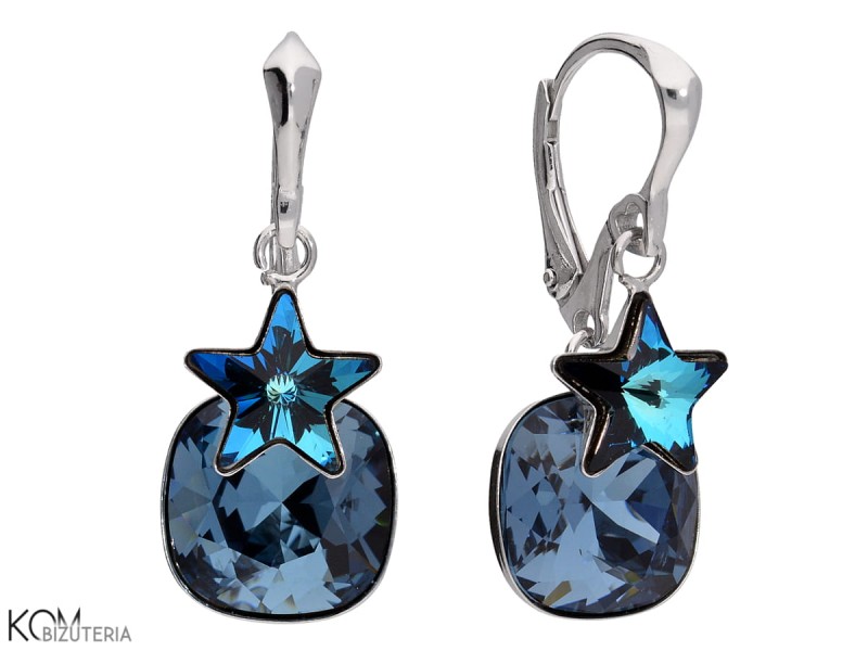 kolczyki wiszace niebieska gwiazda kwadrat swarovski bermuda blue star denim blue square earrings.jpg
