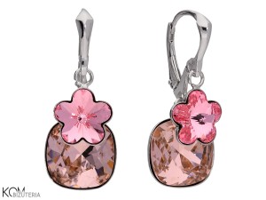 Kolczyki angielskie, różowe kwadraty i kwiaty, srebro 925, kryształy Swarovski®