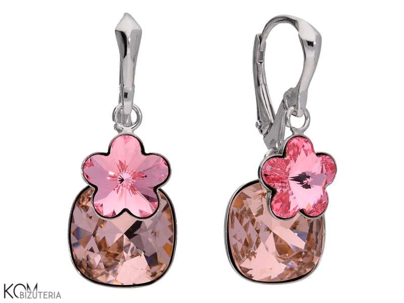 kolczyki wiszace rozowy kwiat rozowy kwadrat swarovski pink flower pink square earrings