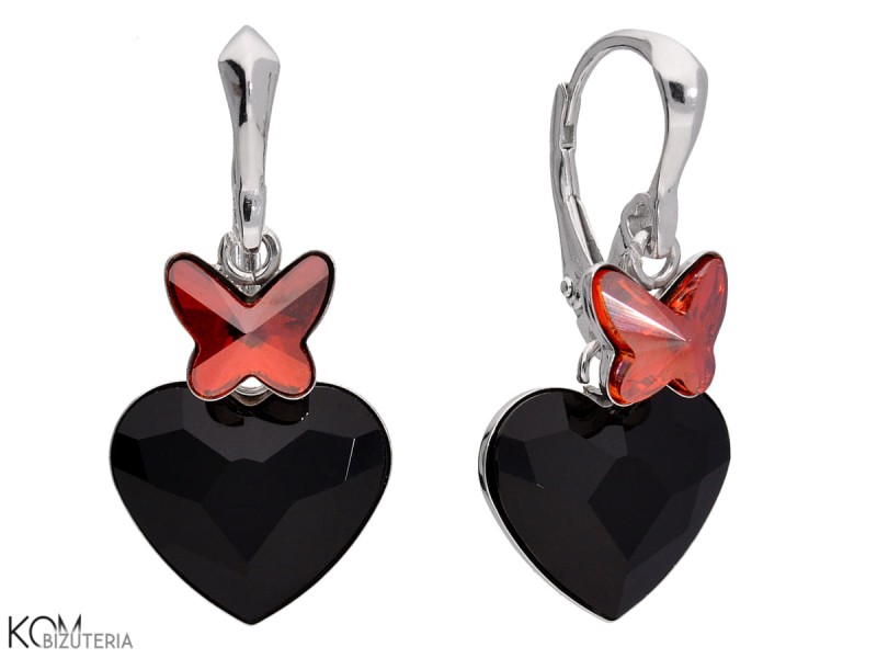 kolczyki wiszace czerwony motyl czarne serce swarovski red butterfly black heart earrings