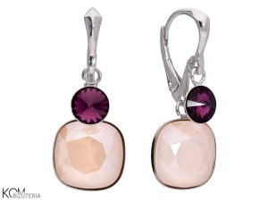 Kolczyki angielskie, beżowe kwadraty i fioletowe oczka, srebro 925, kryształy Swarovski®