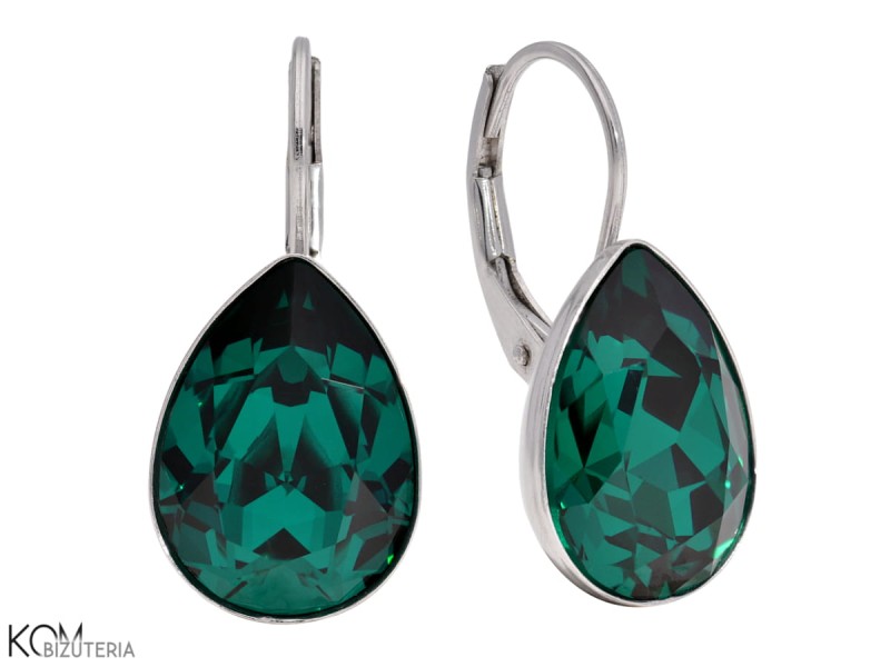 Szmaragdowe kolczyki angielskie krople, kryształ Swarovski® kropla, srebro 925
