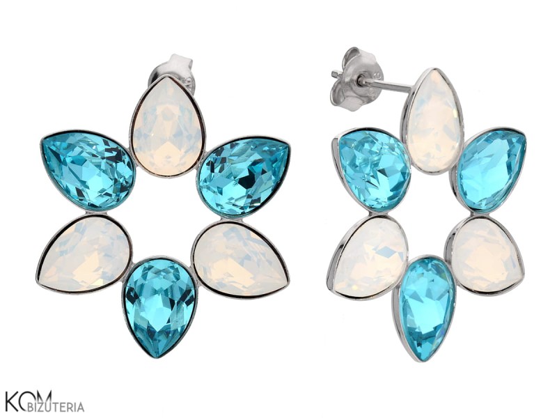 Niebieskie i białe kolczyki sztyfty płatki kwiatu, srebro 925, kryształy Swarovski®