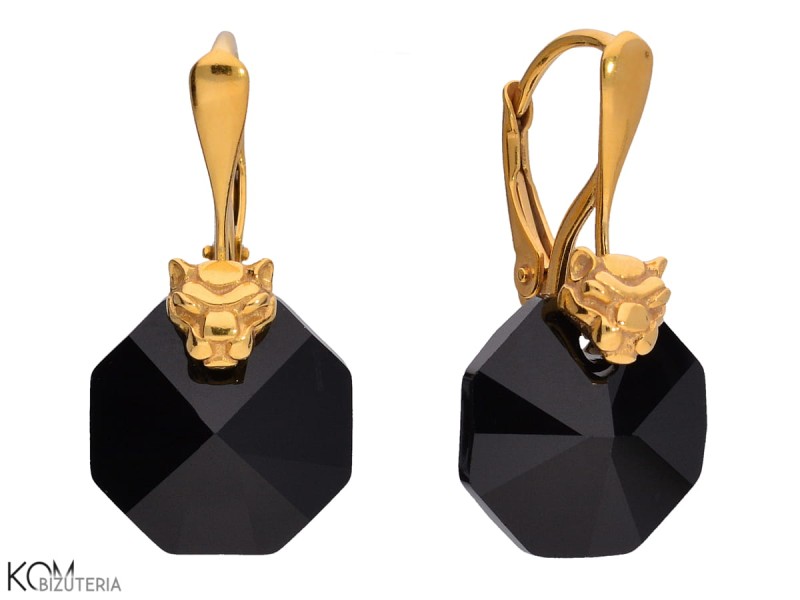 pozlacane kolczyki pantera kot lew czarny oktagon krysztal swarovski black octagon panthera cat lion earrings