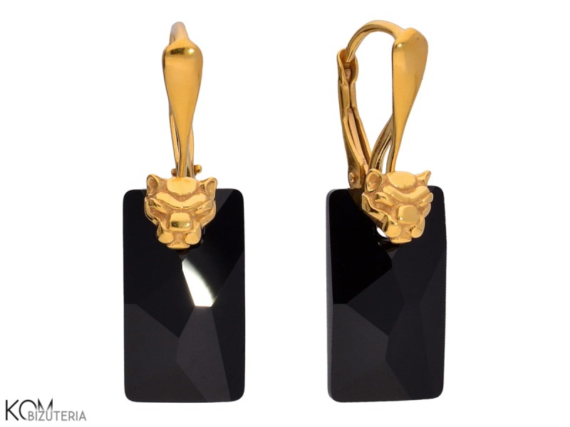 pozlacane kolczyki pantera kot lew czarny prostokat krysztal swarovski black rectangle panthera cat lion earrings