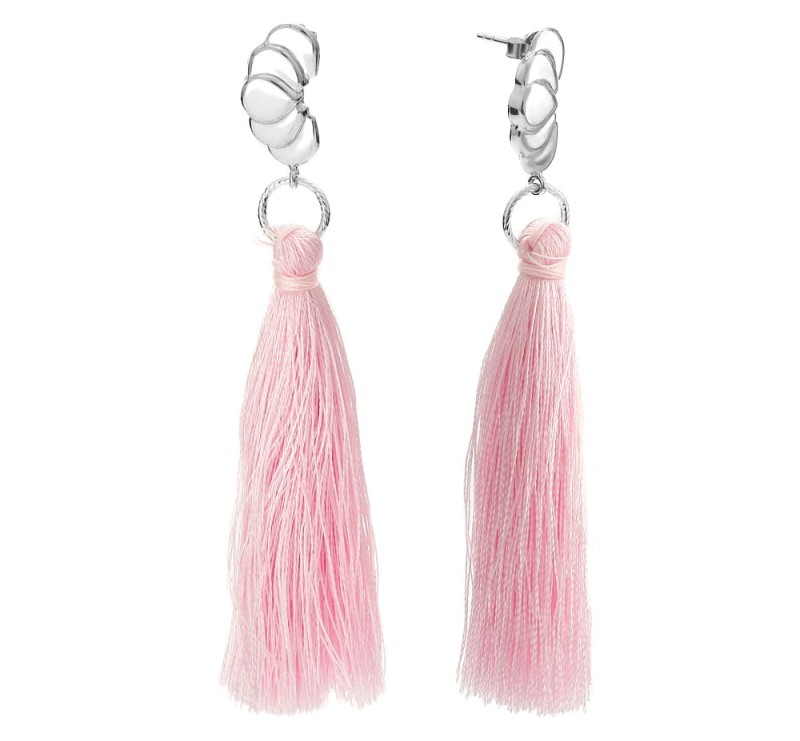 kolczyki z różowymi frędzlami - chwostkami i srebrnymi kropelkami.jpg