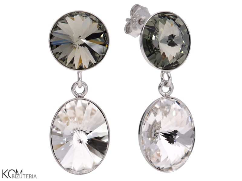 srebrne loczyki z bialymi owalnymi i szarymi okraglymi krysztalami swarovski oval and round grey and white earrings