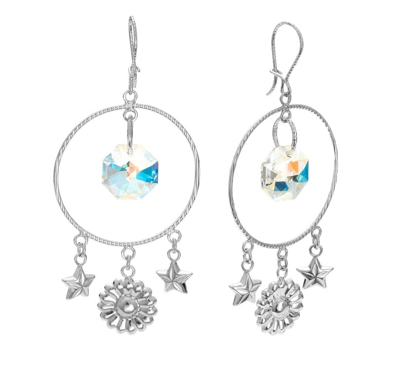 srebrne kolczyki koła z kwiatami i gwiazdkami i bialo niebieskimi krysztalami swarovski.jpg