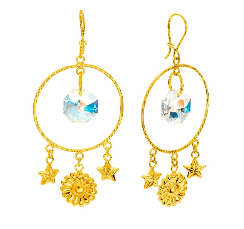 pozlcane srebrne kolczyki koła z kwiatami i gwiazdkami i bialo niebieskimi krysztalami swarovski.jpg