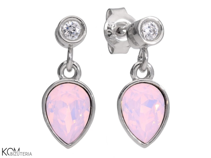 kolczyki wiszące z cyrkoniami i łezkami Swarovski w kolorze różowego opalu