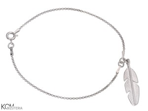 Bransoletka łańcuszek z zawieszką pióro, piórko, srebro 925