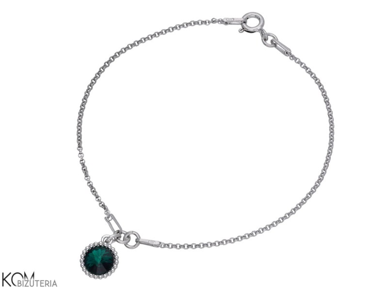 bransoletka srebrna z ozdobną zawieszką i zielonym, szmaragdowym kryształem Swarovski