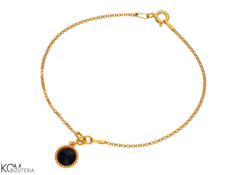 bransoletka srebrna złocona z ozdobną zawieszką i czarnym kryształem Swarovski