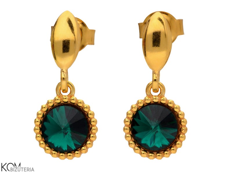 pozłacane srebrne kolczyki z ozdobną zawieszką i zielonymi kryształami Swarovski