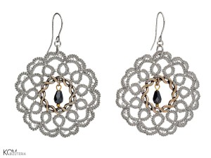 Round flower, doily, tatting earrings made with silver thread and black crystals 