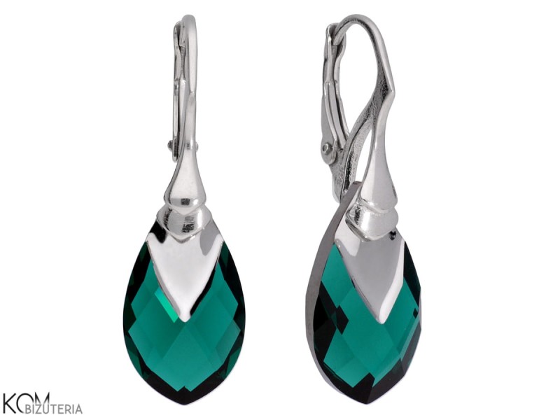srebrne kolczyki z zieloną, szmaragdową łezką Swarovski ze srebrnym detalem
