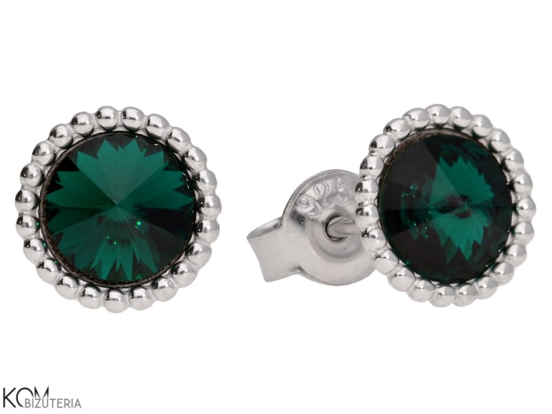 kolczyki sztyfty z ozdobną ramką i szmaragdowymi, zielonymi kryształami Swarovski