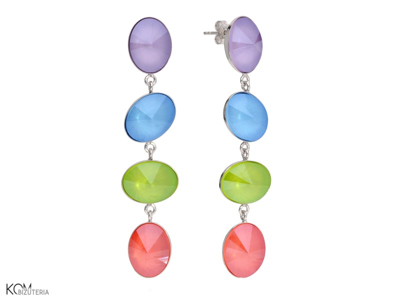 Kolorowe długie kolczyki cztery owalne kryształy, srebro 925, kryształ Swarovski® owal