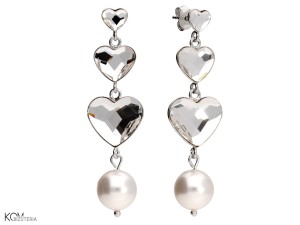 Długie, wiszące kolczyki z sercami i perełkami, srebro 925, kryształy i perełki Swarovski®
