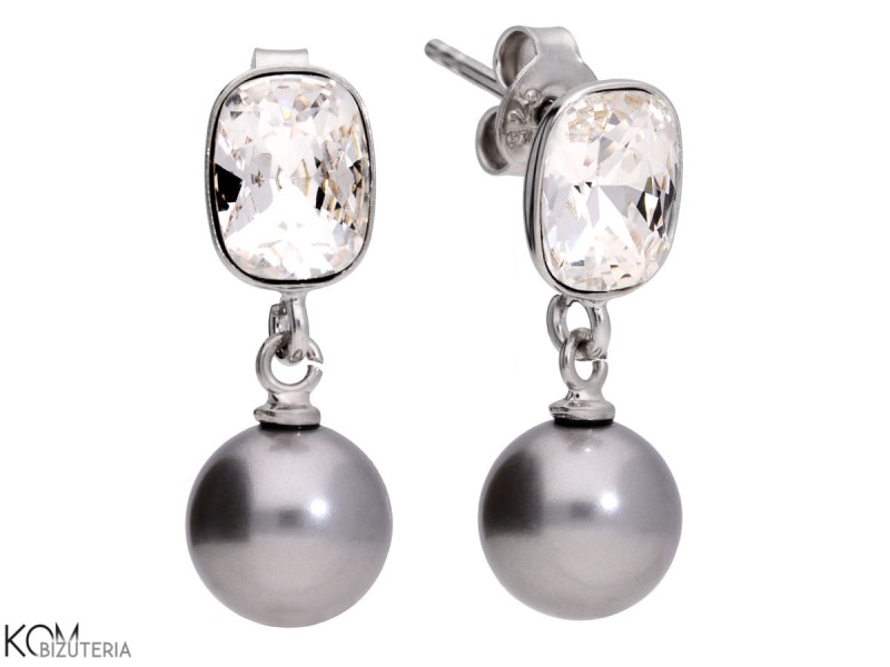 kolczyki z błyszczącymi białymi kryształami i szarymi perełkami Swarovski