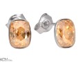 srebrne kolczyki sztyfty, wkrętki z małym, złoto beżowym, prostokątnym kryształem Swarovski
