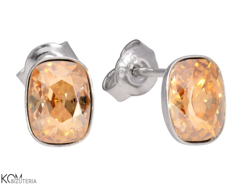 srebrne kolczyki sztyfty, wkrętki z małym, złoto beżowym, prostokątnym kryształem Swarovski