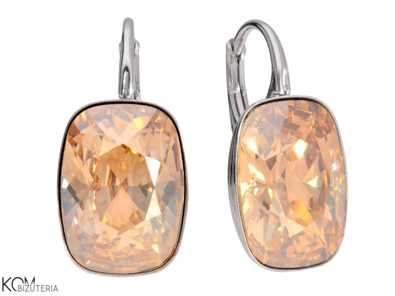 srebrne kolczyki angielskie z dużym, złoto beżowym, prostokątnym kryształem Swarovski