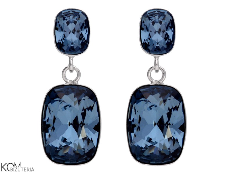 srebrne kolczyki sztyfty z niebieskimi prostokątnymi kryształami Swarovski