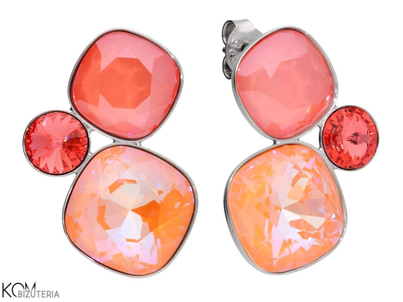 Brzoskwiniowe, koralowe, pomarańczowe kolczyki trzy kryształy, srebro 925, kryształy Swarovski®