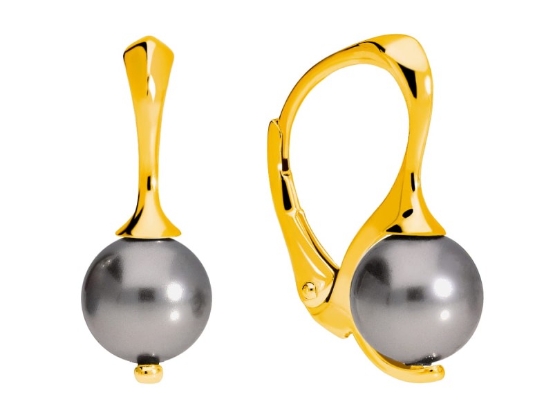 Srebrne, pozłacane kolczyki ze srebrnymi, szarymi perełkami Swarovski®
