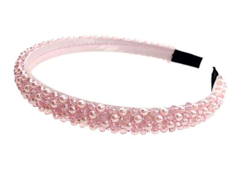 opaska do włosów różowa perełki kryształki