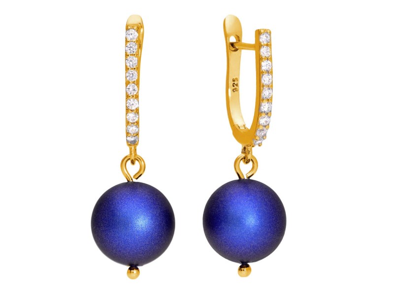 pozłacane srebrne kolczyki cyrkonie i granatowe, niebieskie perełki Swarovski