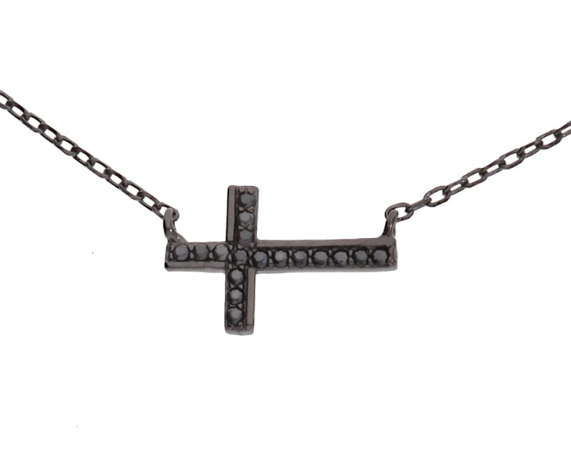 Srebrny naszyjnik czarny krzyżyk z czarnymi kryształkami