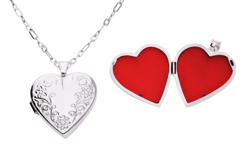 Sekretnik, medalion serce o kwiatowym deseniu, na srebrnym łańcuszku