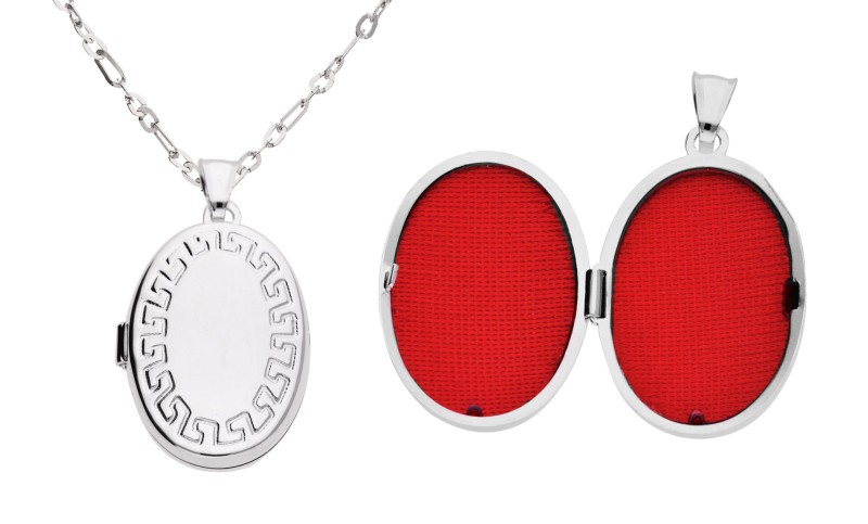 Sekretnik, medalion owal o greckim deseniu, na srebrnym łańcuszku