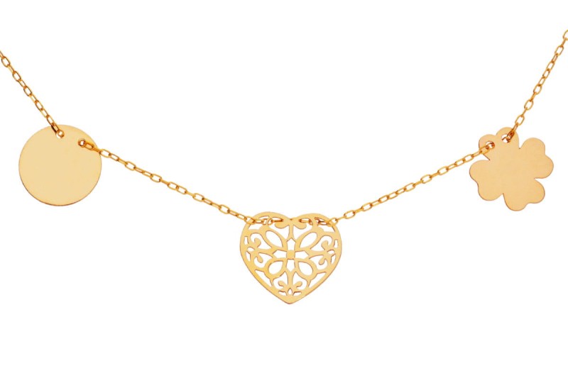 Złoty naszyjnik z ażurowym serduszkiem i blaszką w kształcie koniczyny i medalika