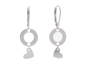 Wiszące, srebrne kolczyki z okrągłą blaszką i serduszkiem