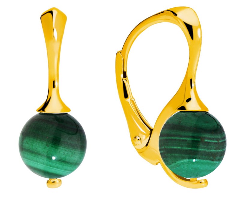 Srebrne, pozłacane kolczyki z naturalnym zielonym malachitem