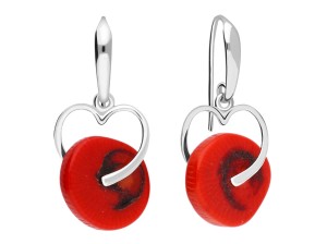 Silver heart earrings with natural red coral