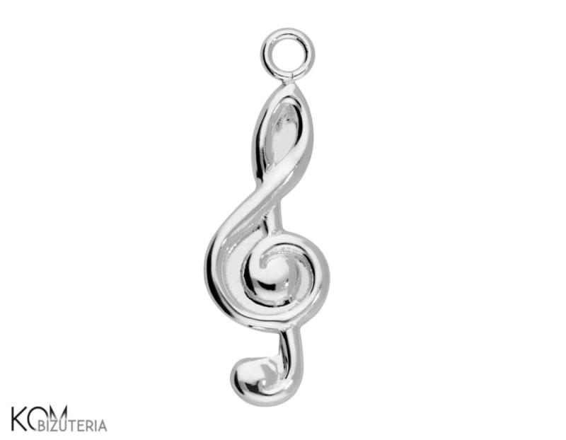 Rodowana, srebrna zawieszka ozdobna charm nuta, nutka, klucz wiolinowy, muzyka 24x8mm w128