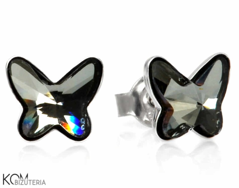 Kolczyki sztyfty czarne motyle, motylki, srebro 925, kryształy Swarovski®