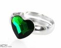 Zielony pierścionek serce, regulowany, srebro 925, kryształ Swarovski®